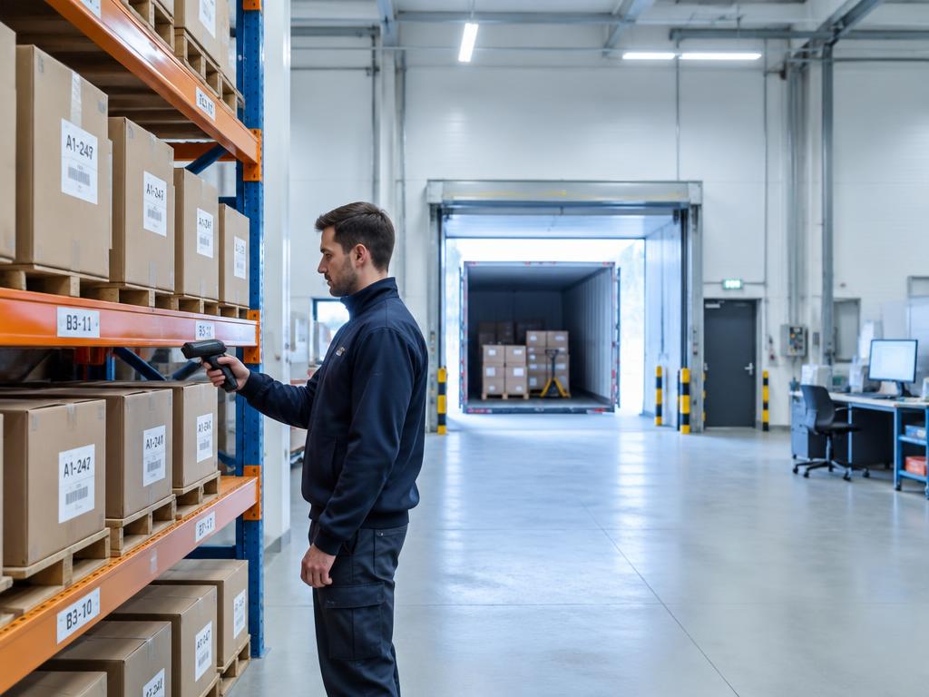 Warehouse worker scanning labelled boxes