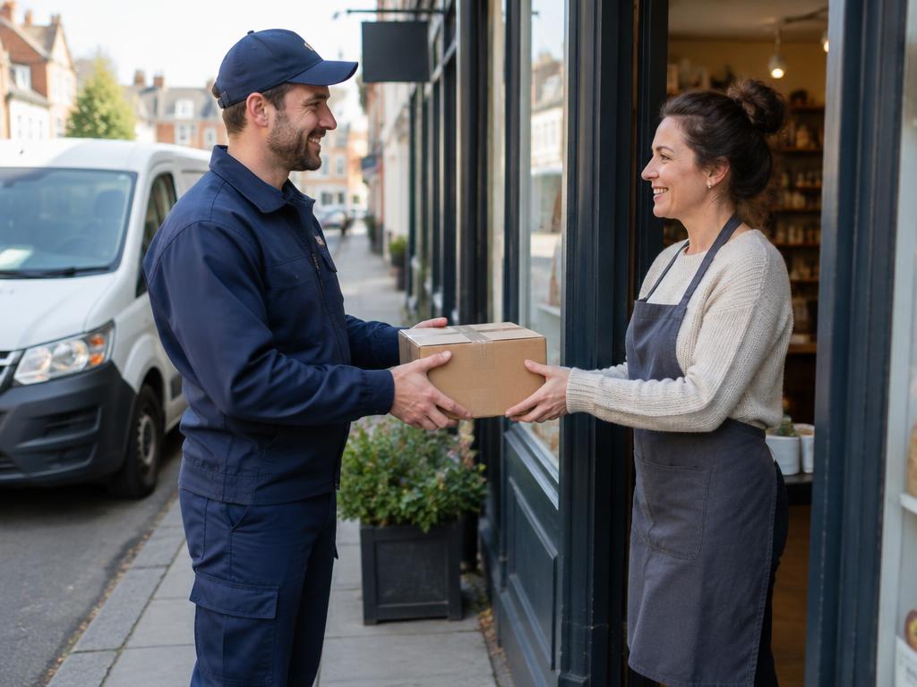 Courier collecting a parcel from a high street shop
